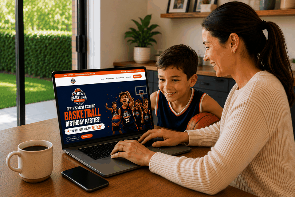 Parent and child reviewing the Kids Basketball Parties website together while planning a birthday party
