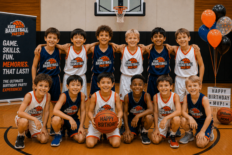 Birthday child and friends posing as a team on the basketball court
