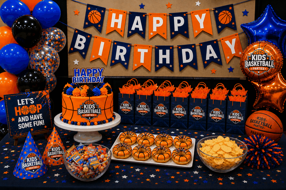 Basketball-themed birthday party table with cake, treats and decorations